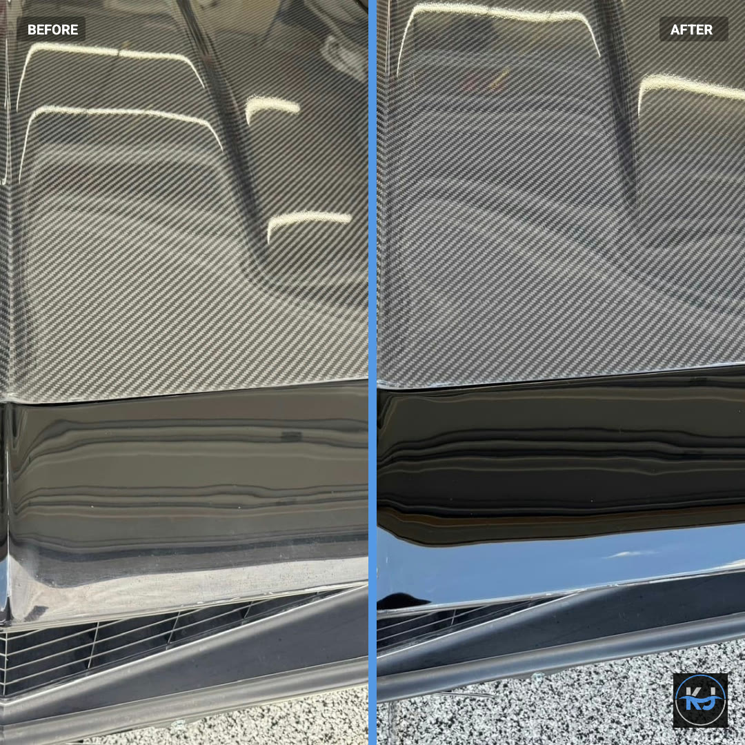 The same painted panel before and after correction: swirl marks and dull reflections on the left, a clear mirror finish on the right.